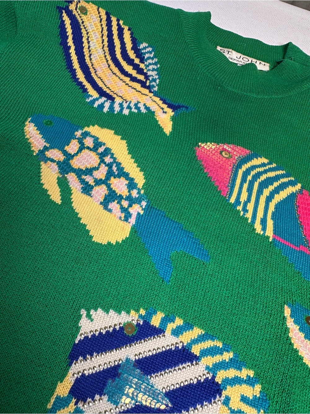 Vintage 80’s St John Fish Sweater Womens Size 3 Green Tropical Knit USA - Picture 9 of 11